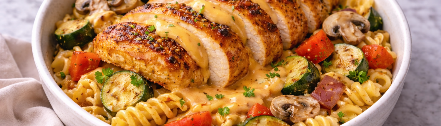 Juustukaste koos grillitud kana ja pastaga